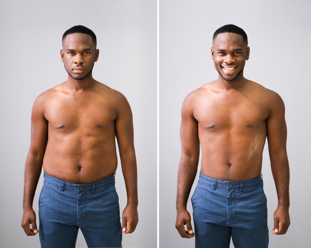 Man,Before,And,After,Weight,Loss,On,Gray,Background